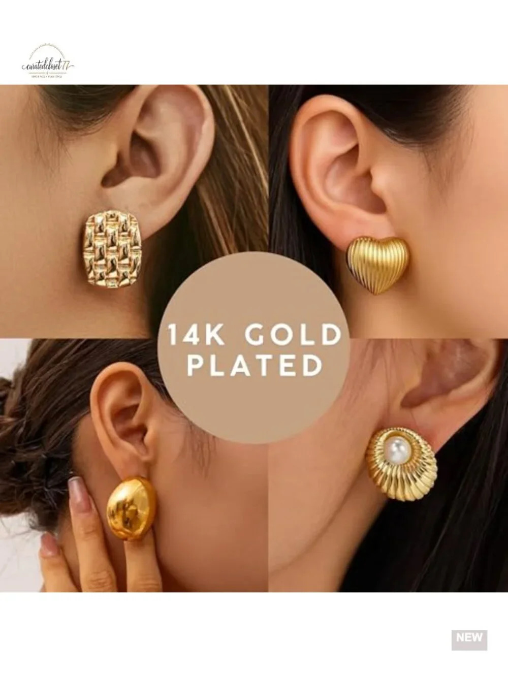 4 Pairs Gold Large Puffy Heart Chunky Stud Statement Earrings Trendy Chunky